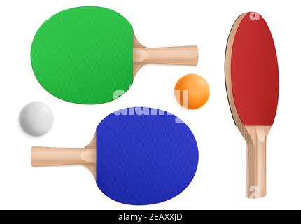Ping pong rackets and balls, table tennis equipment in top and perspective view. Vector realistic set of 3d pingpong balls and sport paddles with wooden handles isolated on white background Stock Vector