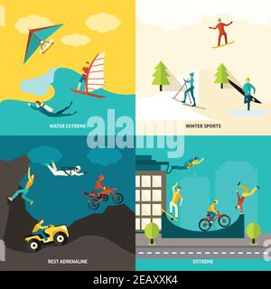 Extreme sports design concept set with winter and water adrenaline adventures flat icons isolated vector illustration Stock Vector