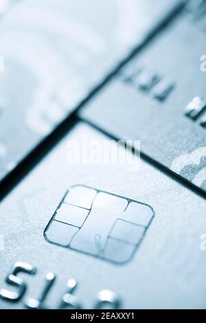 Electronic chip in a credit card view. Stock Photo