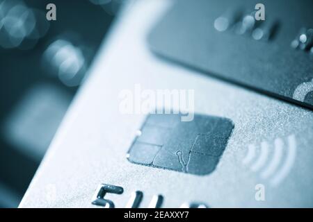 Electronic chip in a credit card view. Stock Photo