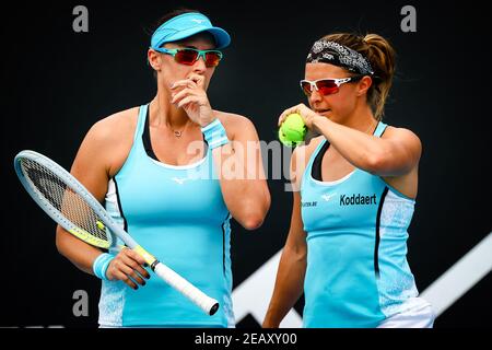 Andreja Klepac (WTA 40) and Kirsten Flipkens (WTA 32) pictured during a tennis match between Belgian-Slovenian pair Flipkens-Klepac and Georgian-Spani Stock Photo