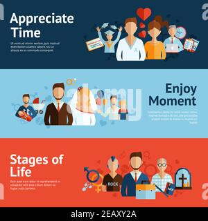 Human life stages precious moments of graduation marriage and childbirth banners set flat abstract isolated vector illustration Stock Vector