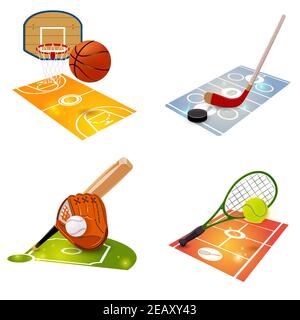 Sport equipment concept set with basketball hockey baseball and tennis accessories isolated vector illustration Stock Vector