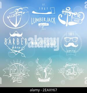 Hipster original white labels on blue background with lumber ax and vintage camera  abstract vector isolated illustration Stock Vector