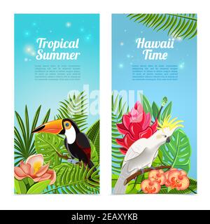 Tropical hawaii islands summer vacation 2 vertical banners set with exotic parrots birds abstract isolated vector illustration Stock Vector