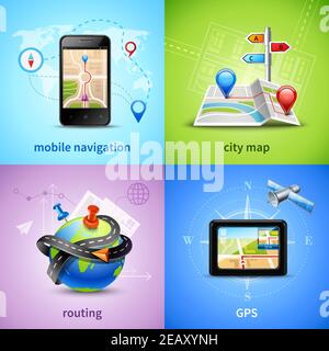 Navigation design concept set with gps routing city map icons isolated vector illustration Stock Vector