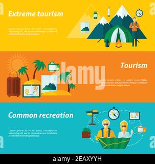 Tourist horizontal banner set with extreme and common recreation elements isolated vector illustration Stock Vector