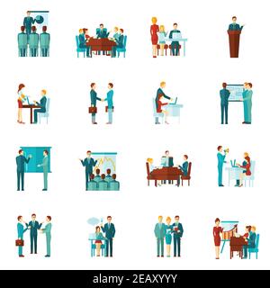 Business training conference and presentation flat icons set isolated vector illustration Stock Vector