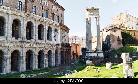 Majestic and well conservated Marcello Teather and Temples of Apollo and Bellona ruins located in historical ancient Rome downtown its a world tourist Stock Photo