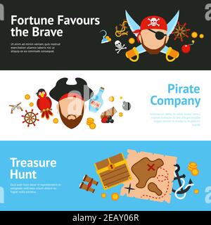 Pirates adventure hunt for lost treasure sailing cruise advertisement banners set poster flat abstract isolated vector illustration Stock Vector