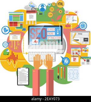 Seo concept computer search engine optimization coding  poster print with site map infographic elements abstract vector illustration Stock Vector