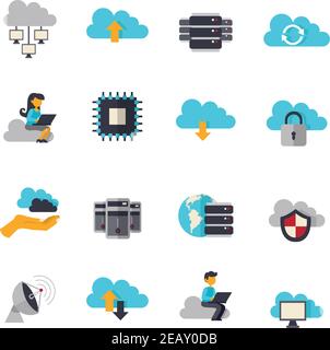 Cloud computing web technologies flat icons set isolated vector illustration Stock Vector