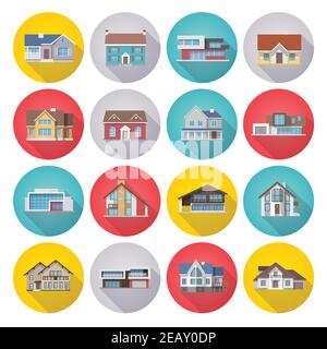 Town houses icons flat long shadow set isolated vector illustration Stock Vector
