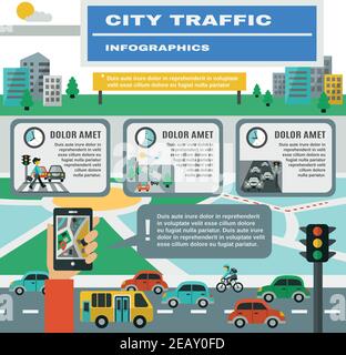 City traffic infographics set with cars gps map symbols vector illustration Stock Vector