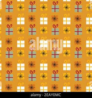 Seamless pattern with hand drawn gift boxes in flat style on yellow background. Stock Vector
