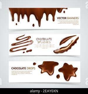 Shiny smooth delicious dark premium chocolate splashes and mouth watering drops banners set realistic isolated vector illustration Stock Vector