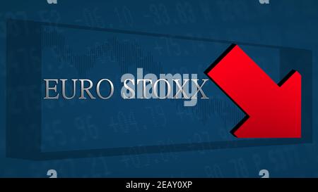The EURO STOXX, a stock market index of the Eurozone is trading lower. A red tilted arrow symbolizes a bearish scenario. The silver EuroStoxx title... Stock Photo