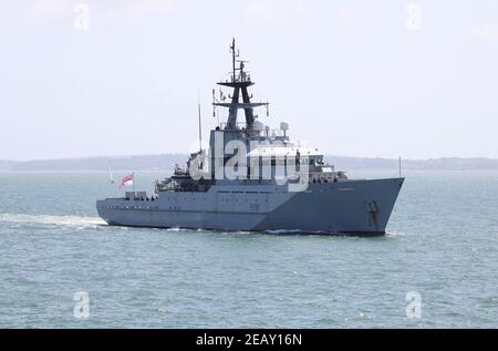 The Royal Navy offshore patrol vessel HMS TYNE (P281) approaching Portsmouth harbour Stock Photo