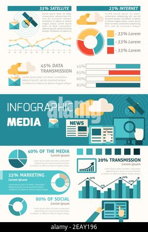 Media infographic set with communication elements and charts vector illustration Stock Vector