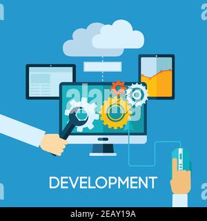 Programm development concept with flat human hand and computer icons vector illustration Stock Vector