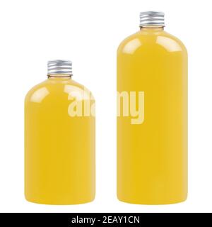 Set of two plastic tall and low bottles with orange drink, cooking oil or cosmetic produce, silver cap mockup, isolated, template. Stock Photo