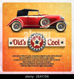 Retro car poster with vintage red cabriolet auto vector illustration Stock Vector