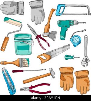 House renovating tools and instruments icons set with handsaw hammer and brush color  abstract vector isolated illustration Stock Vector