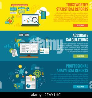Data analytics horizontal banner set with statistics reports and calculations flat elements isolated vector illustration Stock Vector
