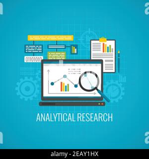 Data and analytical research concept with laptop and magnifying glass icon flat vector illustration Stock Vector
