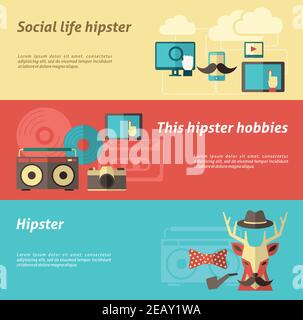 Hipster horizontal banner set with social life and hobbies elements isolated vector illustration Stock Vector
