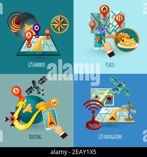 Navigation design concept set with gps markers places routing cartoon icons isolated vector illustration Stock Vector