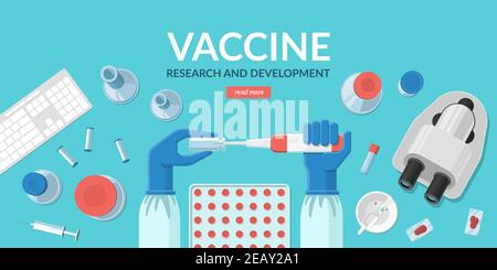 Covid -19 vaccine research and development concept. Scientist hands taking a sample from a bottle with coronavirus vaccine. Stock Vector