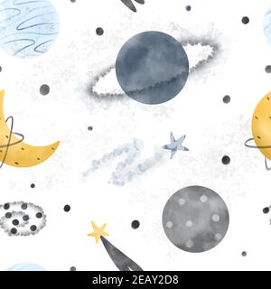 Celestial seamless pattern with space elements: moon, planets, stars, constellations, galaxies. Hand drawn watercolor Scandinavian style vector illust Stock Vector