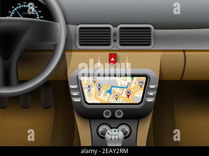 Realistic car interior with auto navigation system and gps map vector illustration Stock Vector