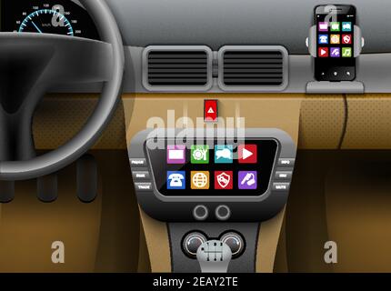 Realistic auto interior with car multimedia system and smartphone vector illustration Stock Vector