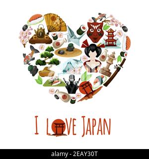 Love japan poster with oriental symbols in heart shape vector illustration Stock Vector