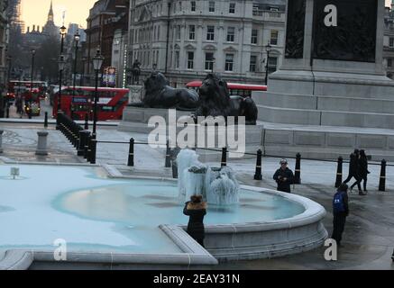 London, England, UK. 11th Feb, 2021. Ice was formed on a fountain in Trafalgar Square in London, as the city experience the coldest weather since 2010. Credit: Tayfun Salci/ZUMA Wire/Alamy Live News Stock Photo
