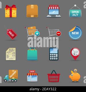 Shopping cash and online purchase and sale cartoon icons set on grey background shadow isolated vector illustration Stock Vector