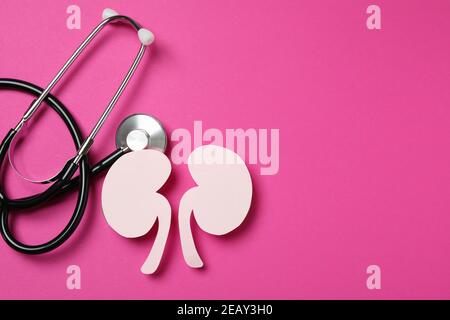 Paper kidneys and a stethoscope on a bright pink background, kidney health and nephrology concept Stock Photo
