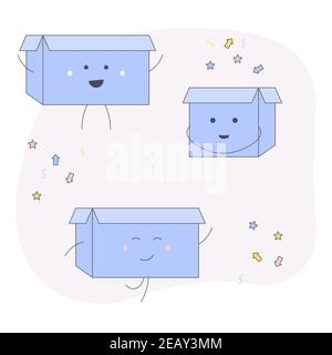 Cartoon character box character happy. Open gift box. Funny cartoon character. Flat vector. Flat design Stock Vector