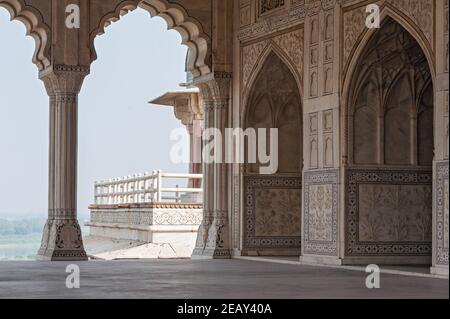 Agra Fort royal palace interior architecture with intricate wall artwork and carvings. Agra Fort is a UNESCO World Heritage site Stock Photo