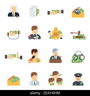 Corruption in business government and police icons flat set isolated vector illustration Stock Vector
