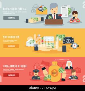 Corruption horizontal banner set with corrupt business and politics flat elements isolated vector illustration Stock Vector