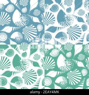 Set of vector seamless patterns with sea shells. Marine background. Stock Vector