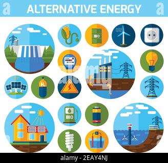 Alternative atom water solar energy icons flat set isolated vector illustration Stock Vector