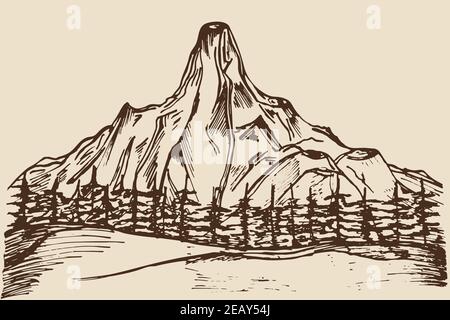 Mountain range against the background of the forest. Vector illustration, mountains and forest, brown. Editable object, freehand drawing. Stock Vector