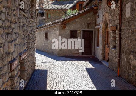 Ancient charming village of Entreves in Aosta Valley, Italy. Stock Photo