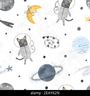 Cute cats flying in space seamless pattern with planets, stars, moon, galaxy isolated on white background. Hand drawn Scandinavian style vector illust Stock Vector