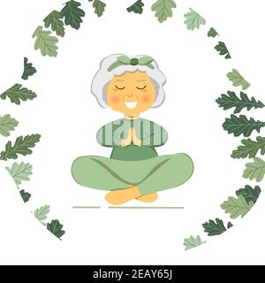 Sporty Granny does Yoga. Old person. Vector colorful cartoon illustration. Senior woman in pose yoga. Exercising for better health. Isolated flat Stock Vector
