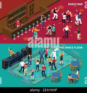 DJ bar pubs and cafe dance floor 2 horizontal isometric banners set with bartender isolated vector illustration Stock Vector